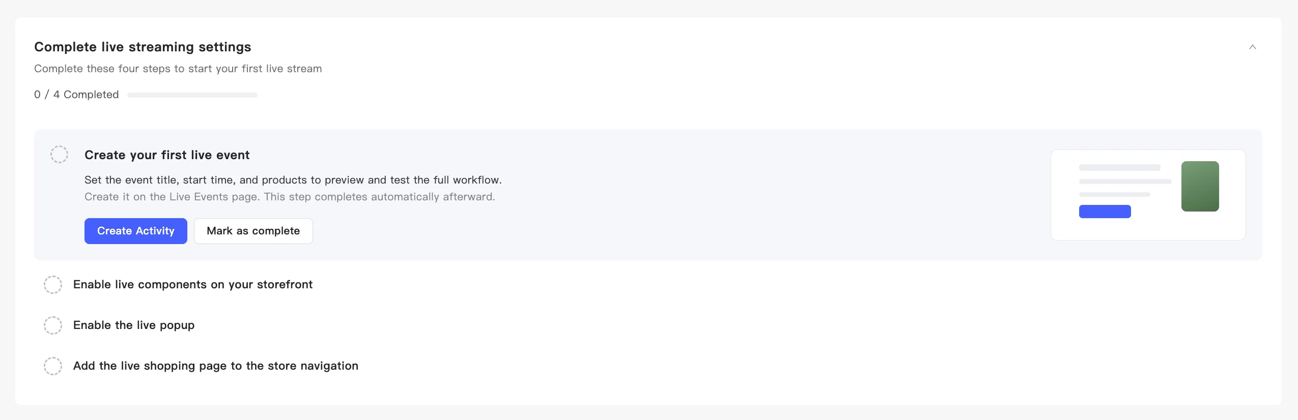 Step 1 of the setup checklist: create your first live event
