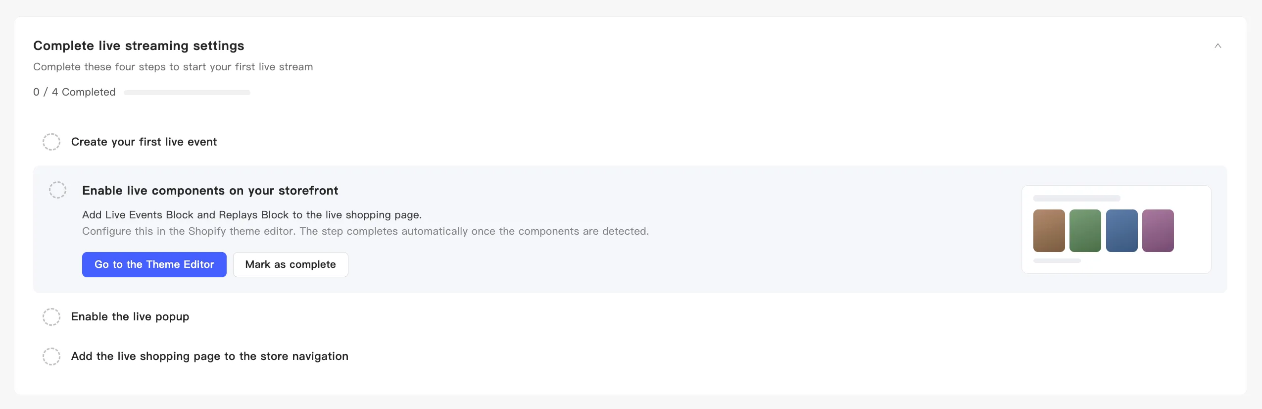 Step 2 of the setup checklist: enable live components on your storefront
