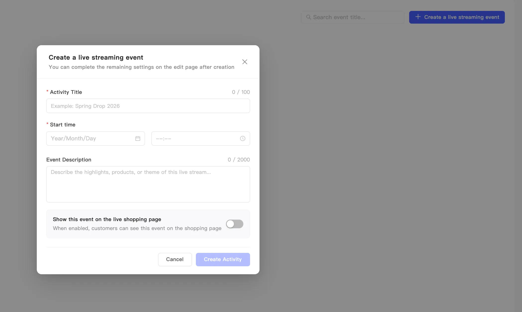 The create live streaming event dialog