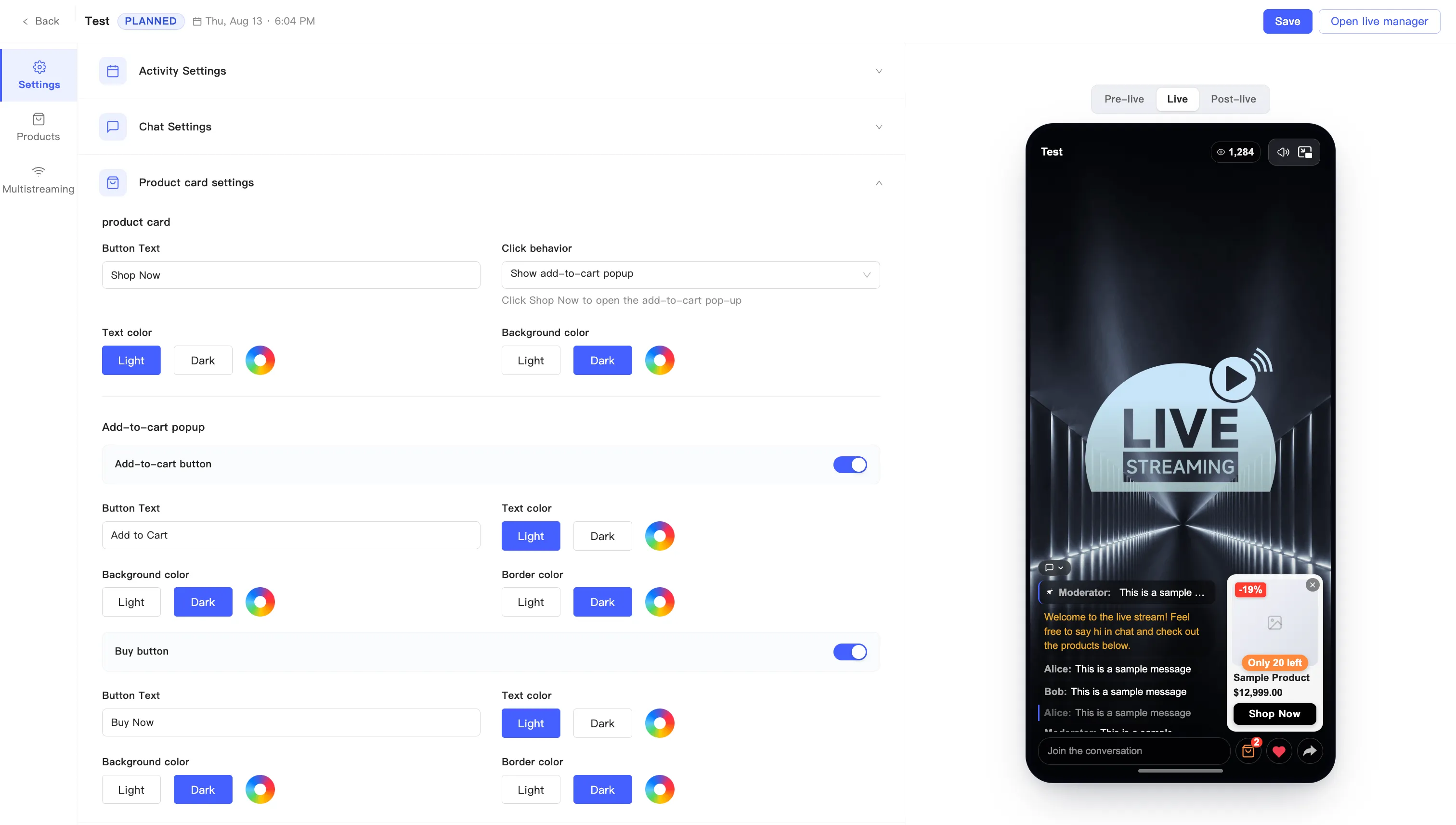 The Product card settings group, with the viewer’s card in the preview