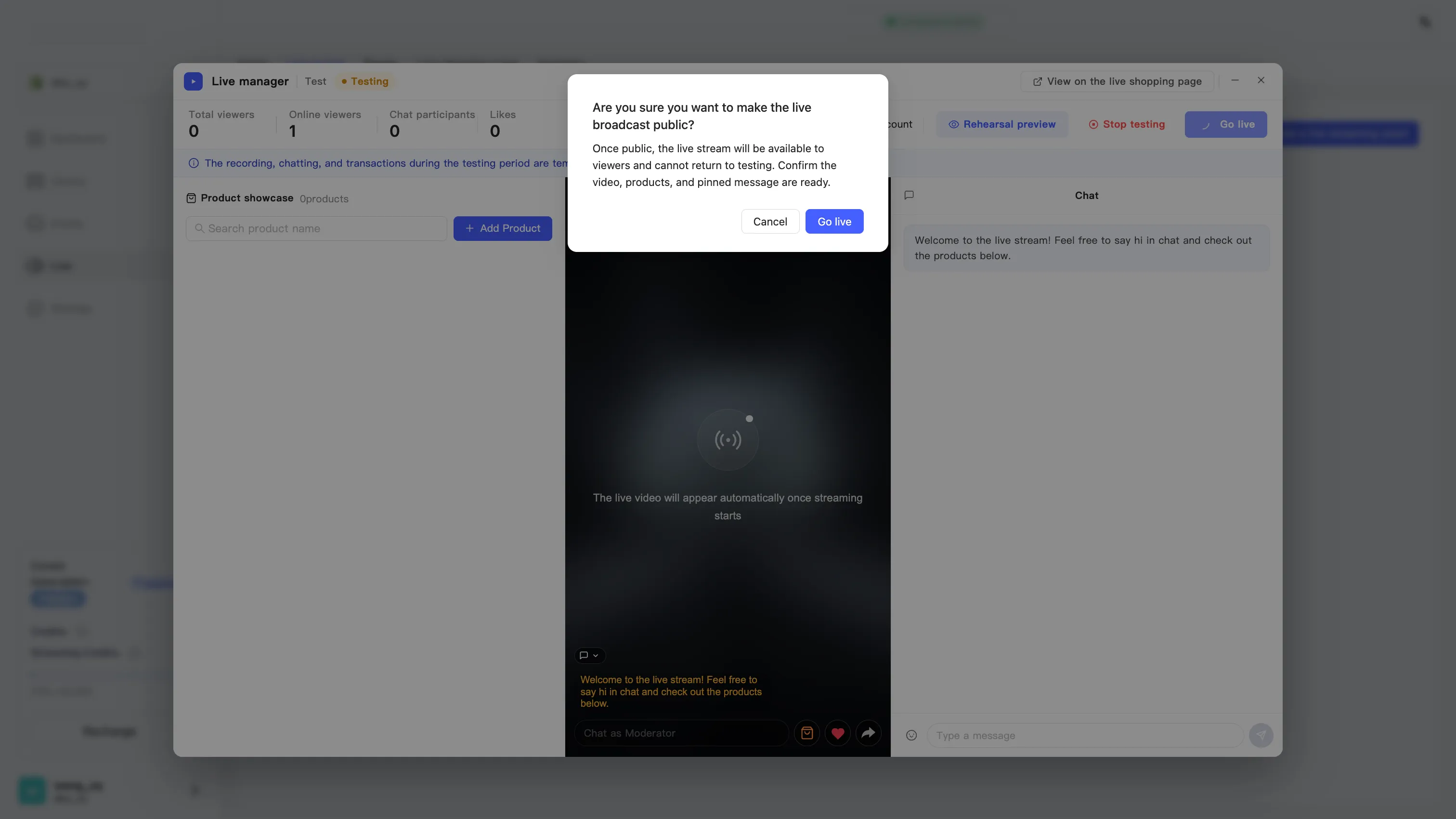 The confirmation dialog for going public