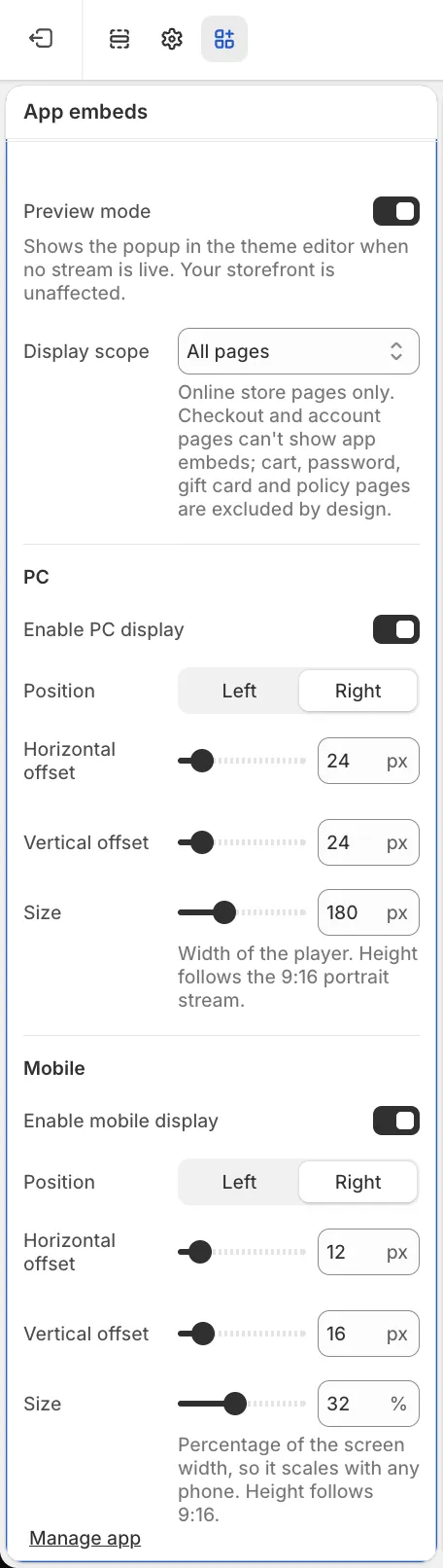The live pop-up settings under App embeds in the theme editor